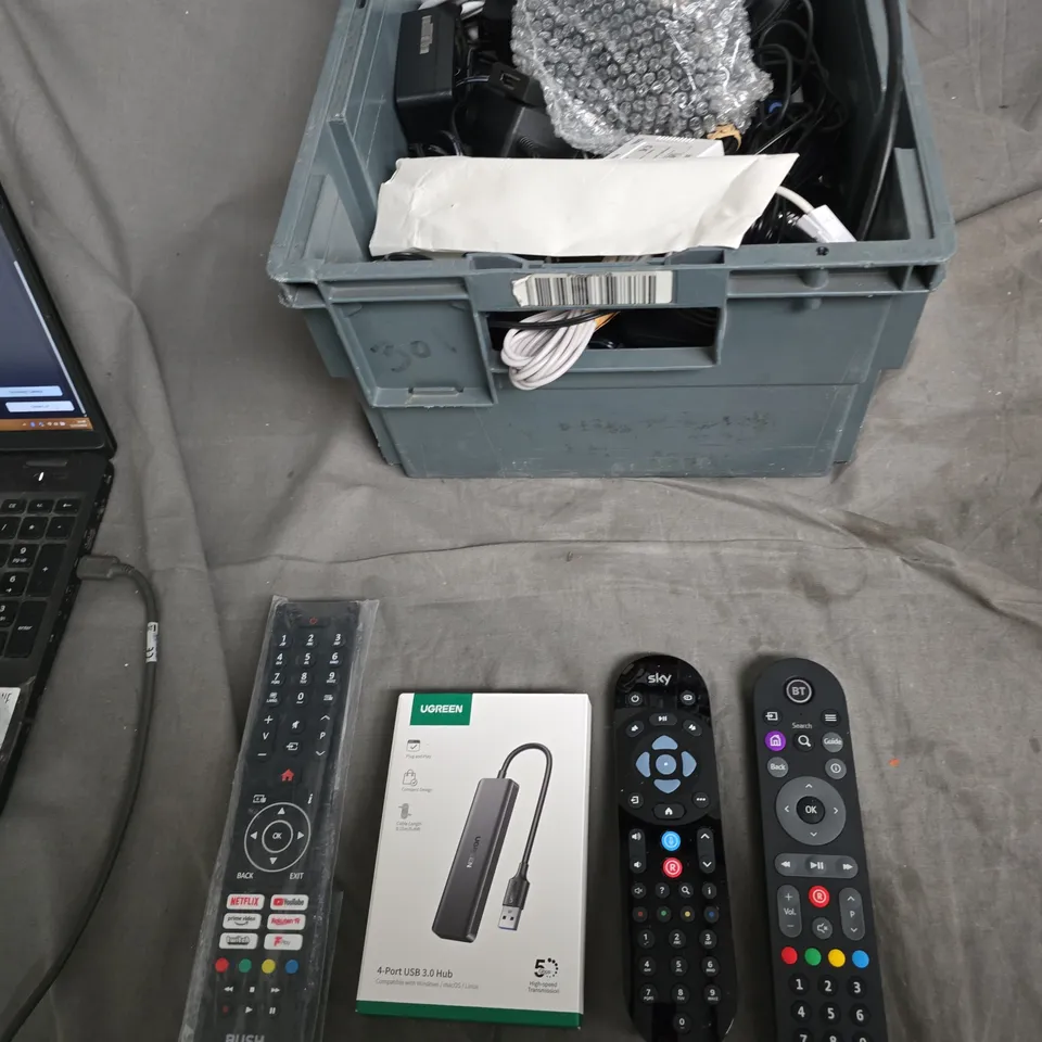 APPROXIMATELY 10 ITEMS OF UGREEN 4-PORT USB 3.0 HUB WITH ACCESSORIES, BUSH REMOTE AND REMOTES – MIXED ELECTRONICS.