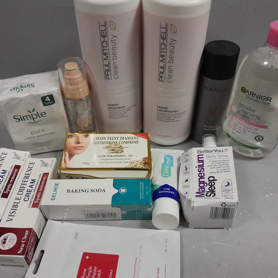 BOX OF APPROXIMATELY 12 COSMETIC ITEMS TO INCLUDE REPAIR SHAMPOO, 4 SOAP BARS, GARNIER CLEANSING WATER, ETC