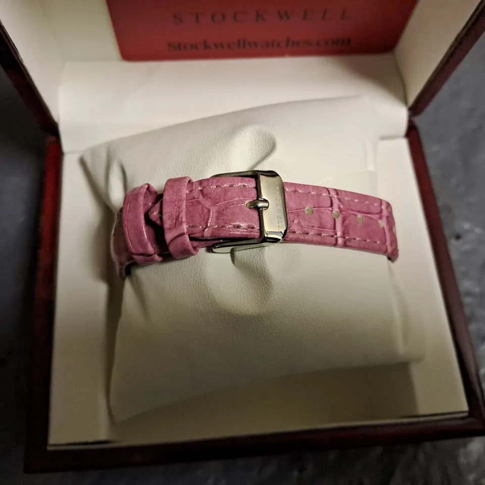 STOCKWELL LADIES WATCH WITH TEXTURED DIAL WITH SUB DIAL MINUTE HAND AND PINK LEATHER STRAP IN GIFT BOX