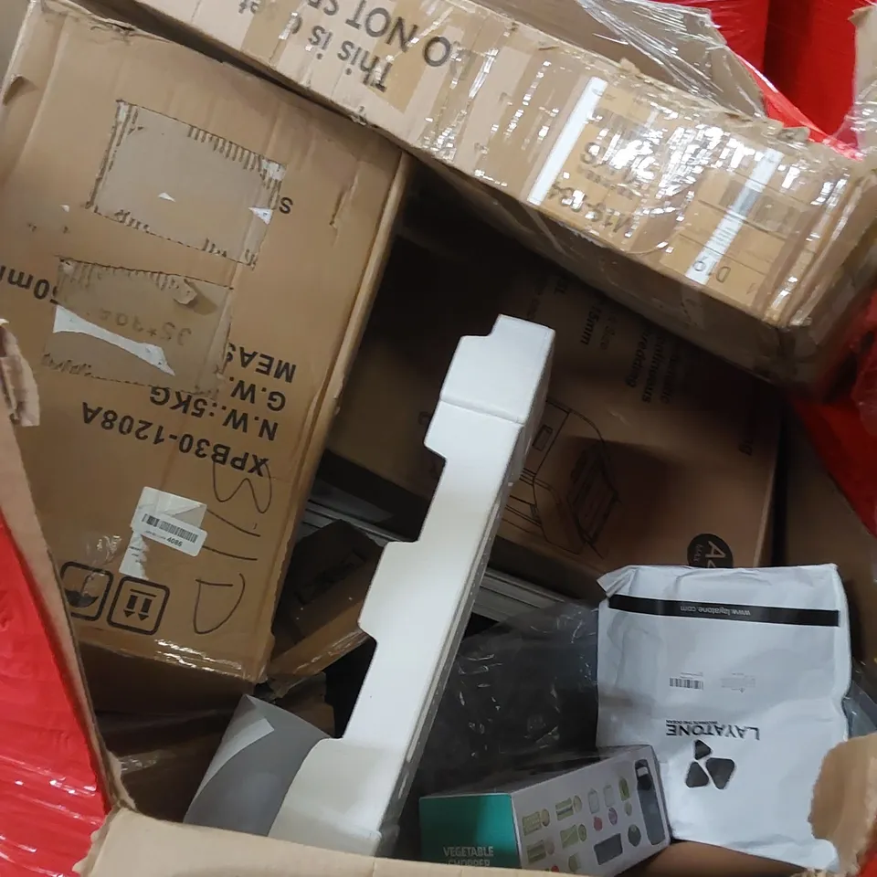 PALLET OF ASSORTED HOUSEHOLD ITEMS AND CONSUMER PRODUCTS. INCLUDING; PAPER SHREDDERS, VEGETABLE CHOPPERS, OIL FILLED RADIATOR, BOXED FURNITURE ETC 