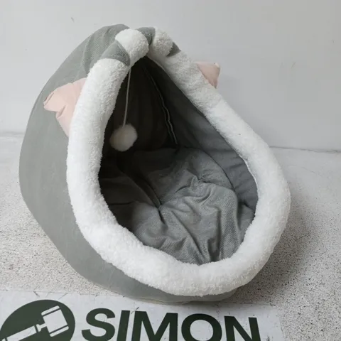 GREY COCOON-STYLE PET BED WITH WHITE FAUX-FUR TRIM