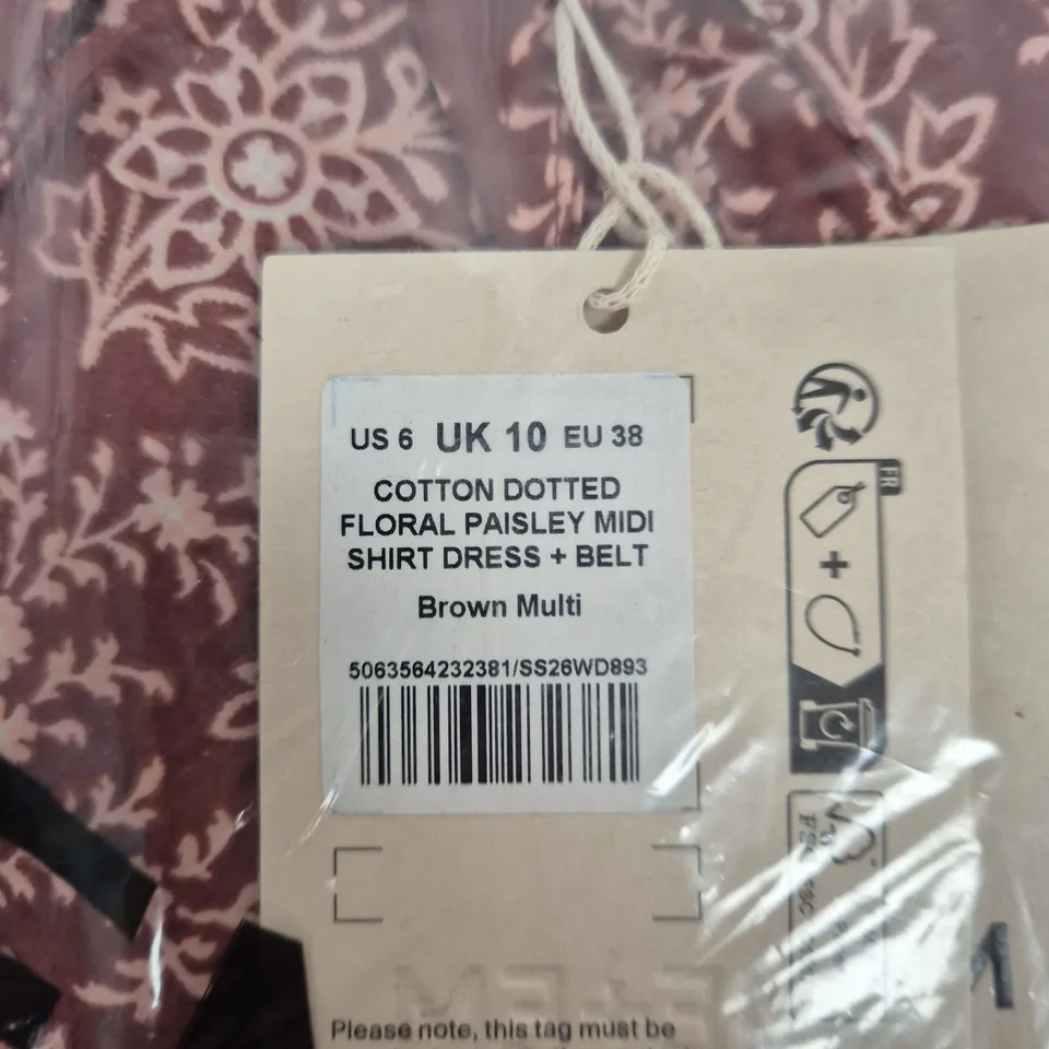 ME+EM COTTON DOTTED FLORAL PAISLEY MIDI SHIRT DRESS + BELT, BROWN MULTI – UK 10 (US 6, EU 38)