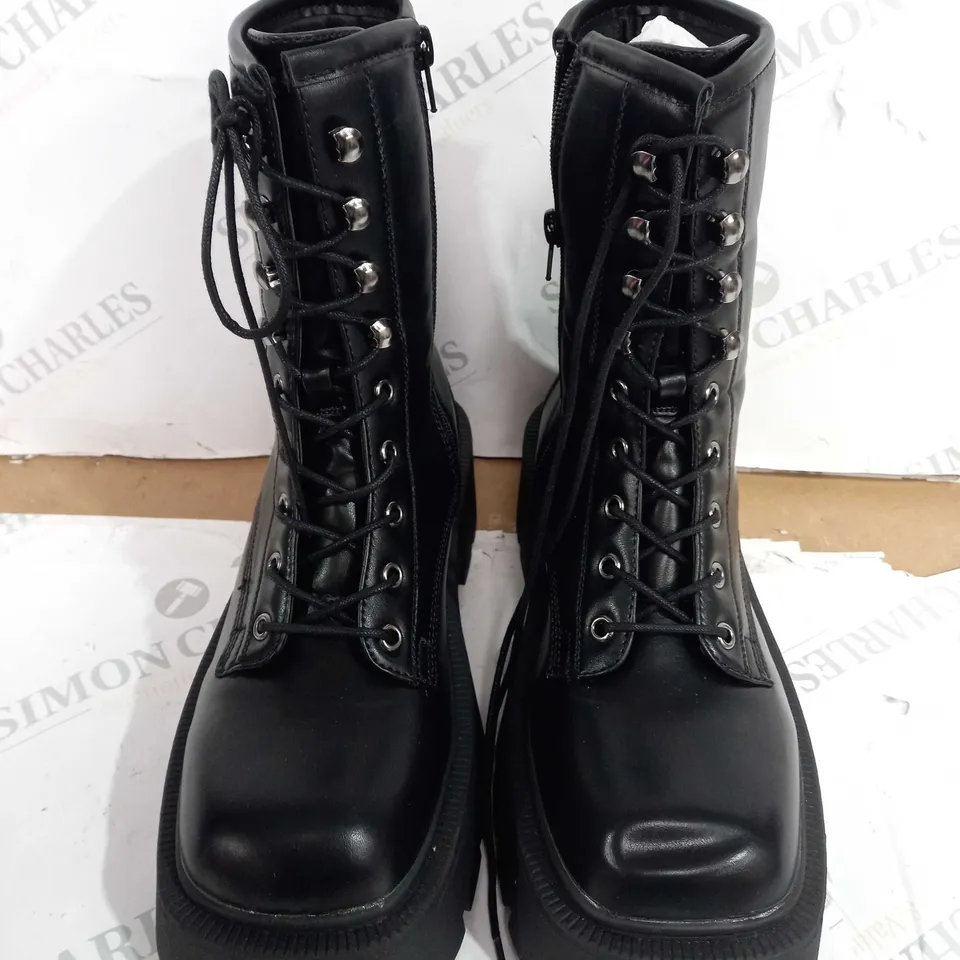 FAUX LEATHER SQUARE TOE CHUNKY BOOTS, BLACK - SIZE 7