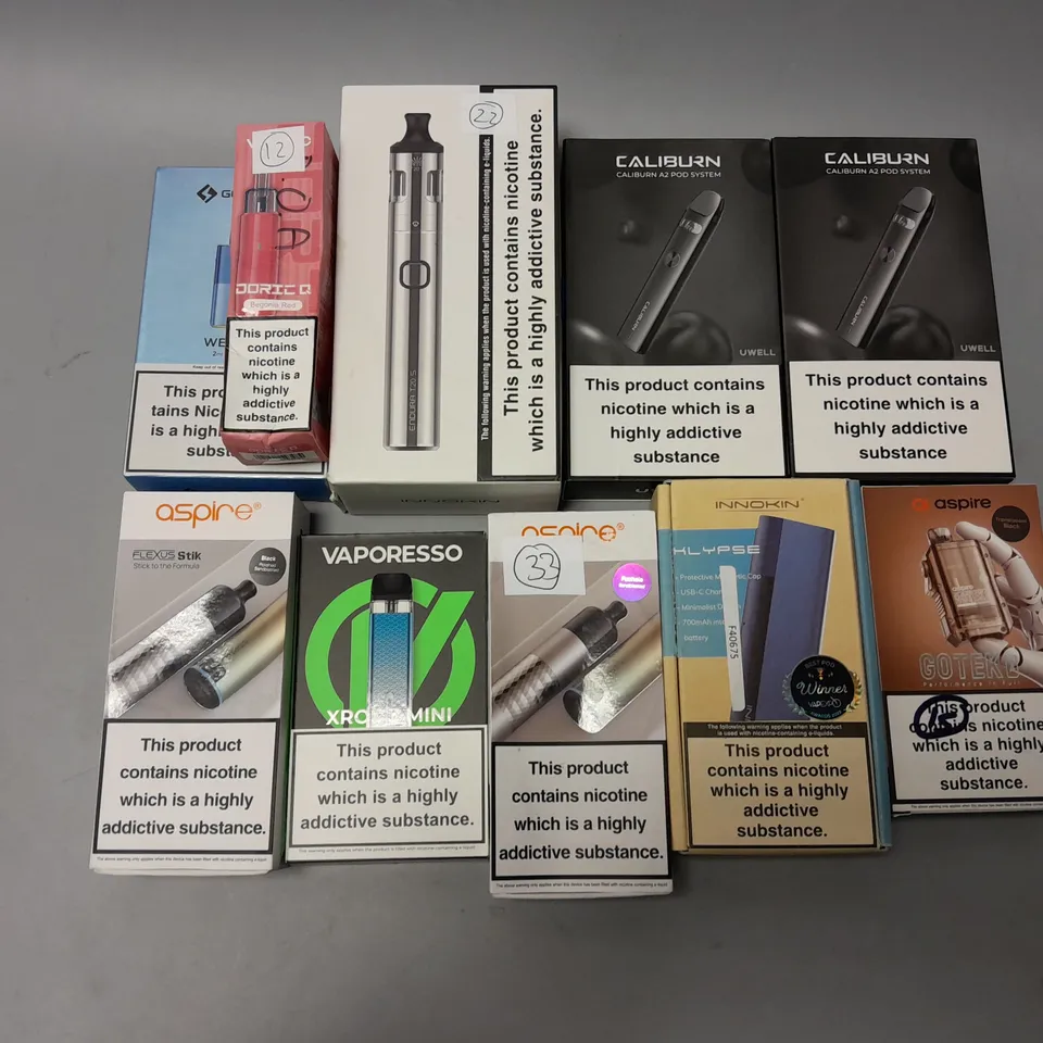 APPROXIMATELY 10 ASSORTED E-CIGS & VAPES TO INCLUDE CALIBURN A2, ASPIRE GOTEK X, INNOKIN KLYPSE, ETC