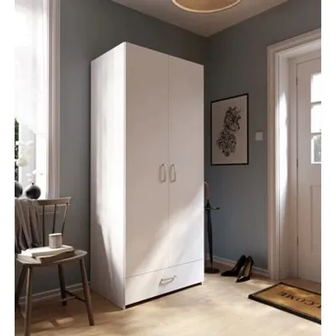 BOXED 2 DOOR WHITE WARDROBE WITH CLOTHES RAIL, 89CM W × 211CM H × 54CM (2 BOXES)