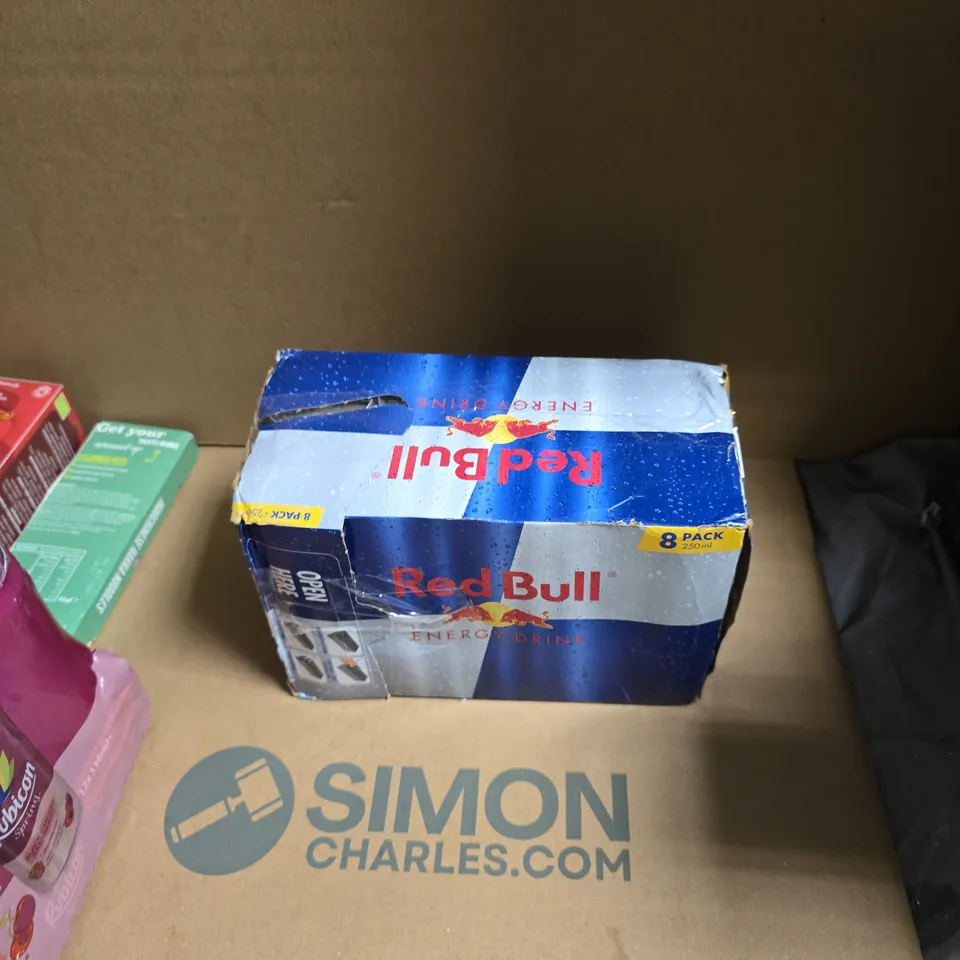 APPROXIMATELY 25 ASSORTED FOOD AND DRINK ITEMS INCLUDING RED BULL ENERGY DRINK AND YOGI TEA CLASSIC CHAI 