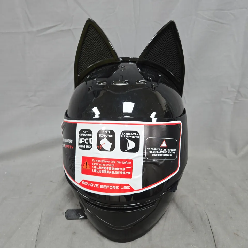 MOTORCYCLE HELMET WITH CAT EAR ATTACHMENT IN BLACK – SIZE SMALL - ECE R22-06 CERTIFIED