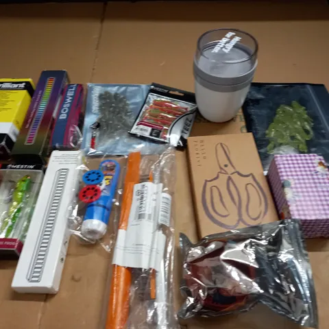 LARGE QUANTITY OF ASSORTED HOUSEHOLD ITEMS TO INCLUDE FISHING ITEMS, FLORIST SCISSORS AND TABLET CASE