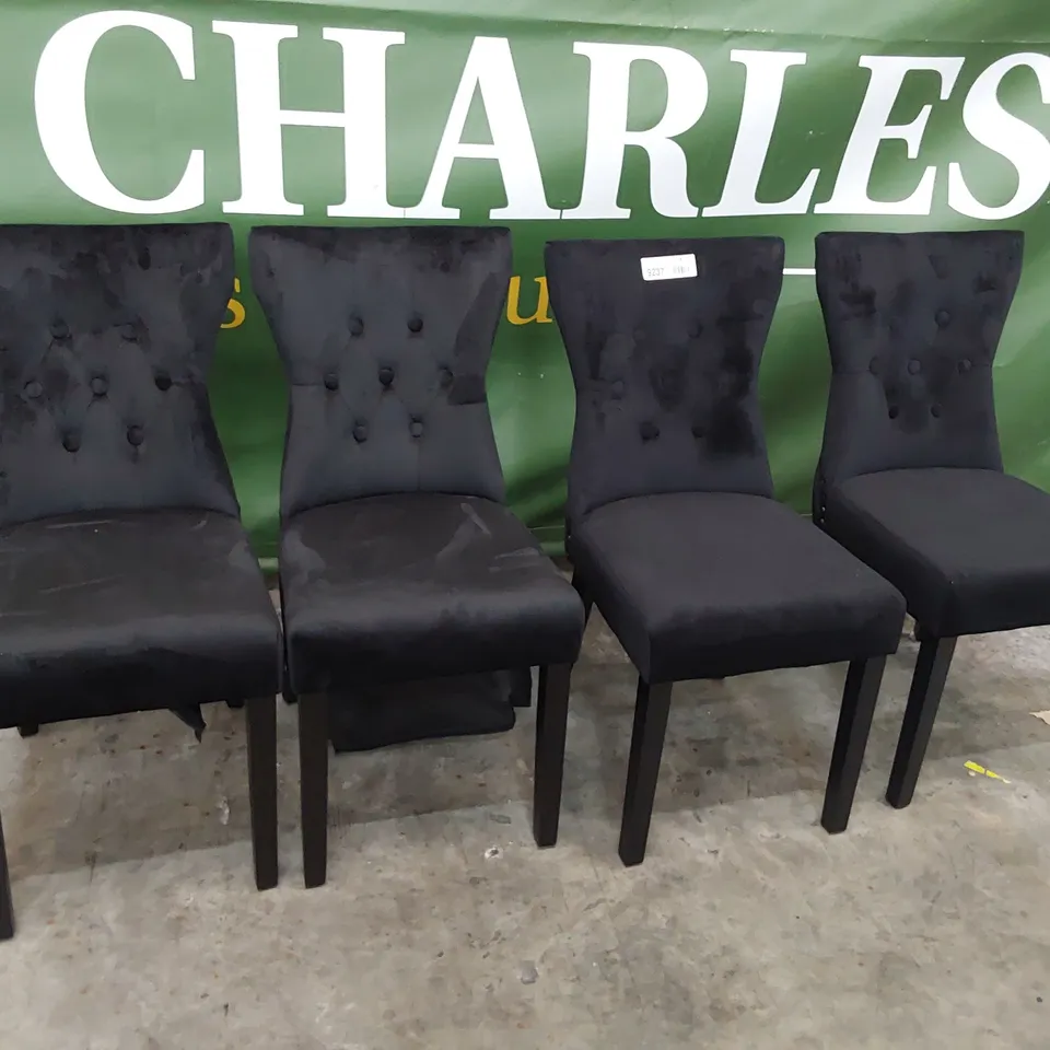 SET OF FOUR UPHOLSTERED BUTTONED RING BACK DINING CHAIRS BLACK PLUSH FABRIC ON BLACK LEGS