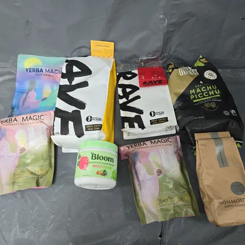 APPROXIMATELY 8 ASSORTED COFFEE PRODUCTS TO INCLUDE RAVE, YERBA MAGIC, AND CAFE DIRECT ETC.