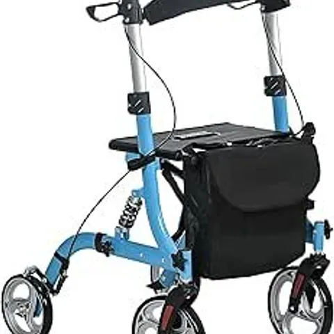 BOXED HOMCOM 4 WHEEL ROLLATOR WITH SEAT AND BACK, LIGHTWEIGHT FOLDING MOBILITY WALKER WITH LARGE WHEELS, CARRY BAG, ADJUSTABLE HEIGHT, ALUMINIUM WALKING FRAME WITH DUAL BRAKES FOR SENIORS, BLUE