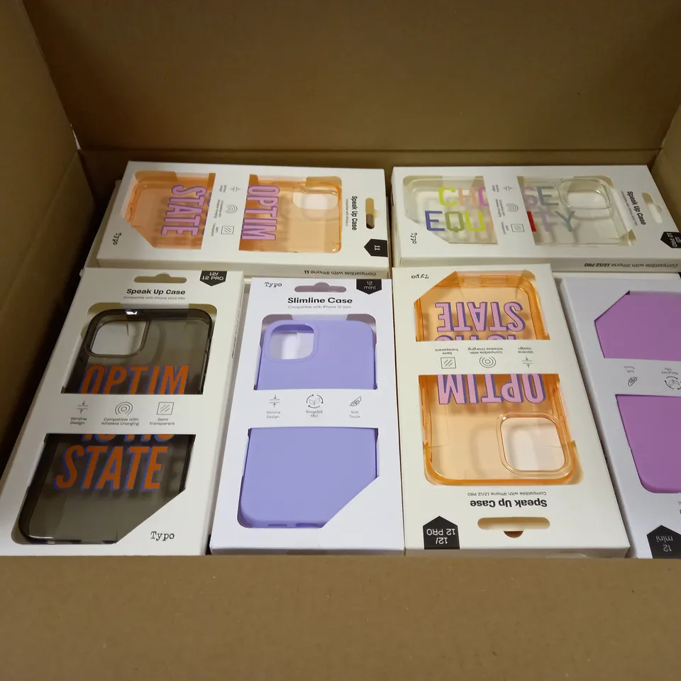 BOX OF APPROXIMATELY 51 TYPO PHONES CASES ('SLIMLINE CASE' & 'SPEAK UP CASE') FOR IPHONE 11, 12 MINI, 12/12PRO IN VARYING COLOURS