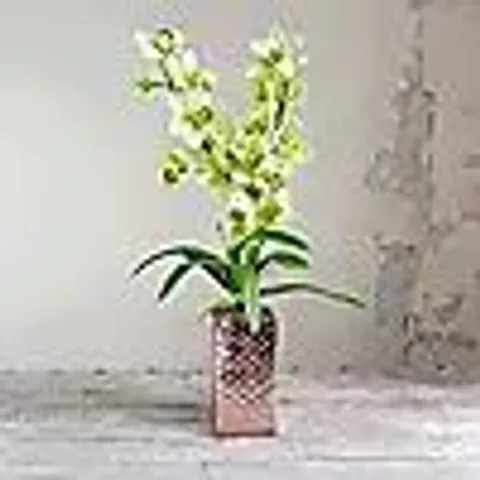 PEONY CYMBIDIUM ORCHID IN A COPPER TEXTURED PLANTER
