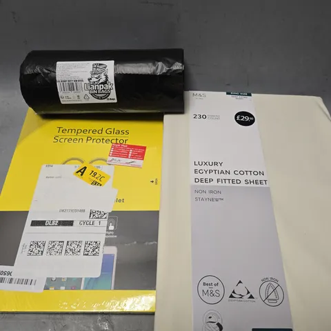 BOX OF APPROXIMATELY 12 ASSORTED ITEMS TO INCLUDE -M&S DEEP FITTED SHEET , TEMPERED GLASS SCREEN PROTECTOR , LIANPAK BIN BAGS ETC