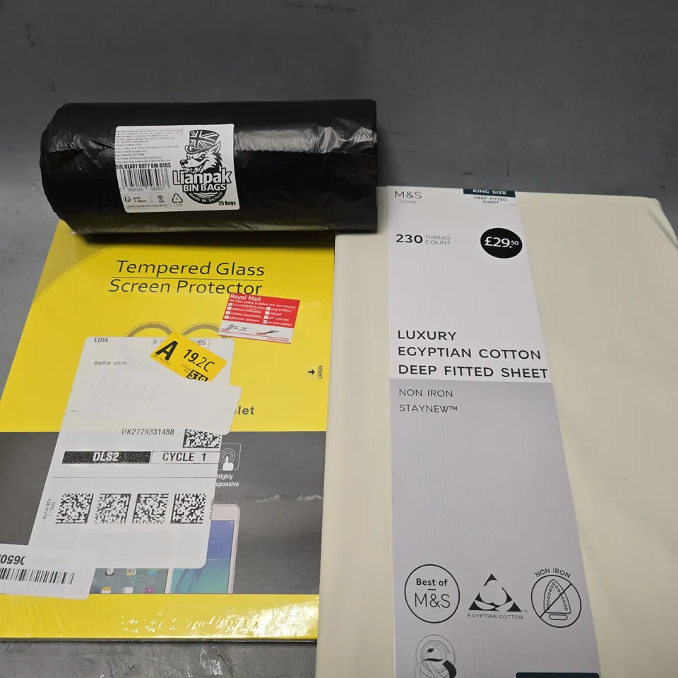 BOX OF APPROXIMATELY 12 ASSORTED ITEMS TO INCLUDE -M&S DEEP FITTED SHEET , TEMPERED GLASS SCREEN PROTECTOR , LIANPAK BIN BAGS ETC