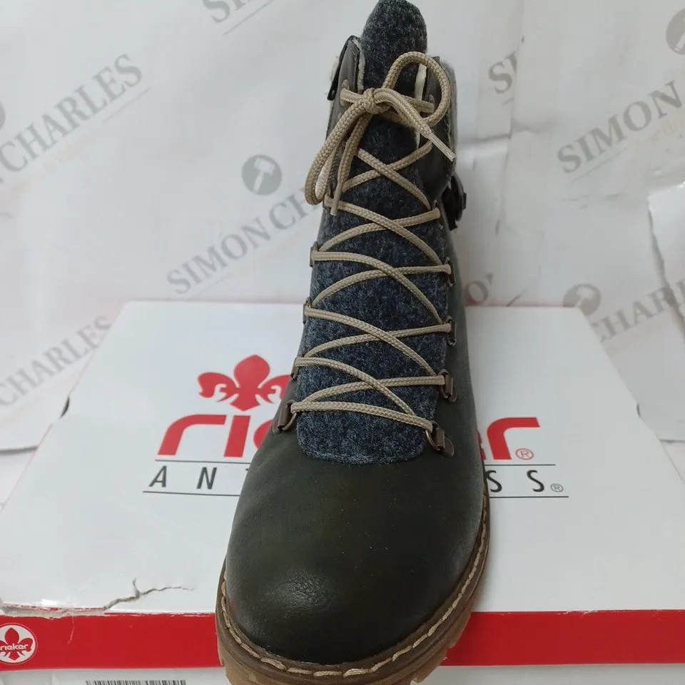 BOXED RIEKER HIKING BOOTS WITH MULTI CUFF, GREEN - SIZE 8