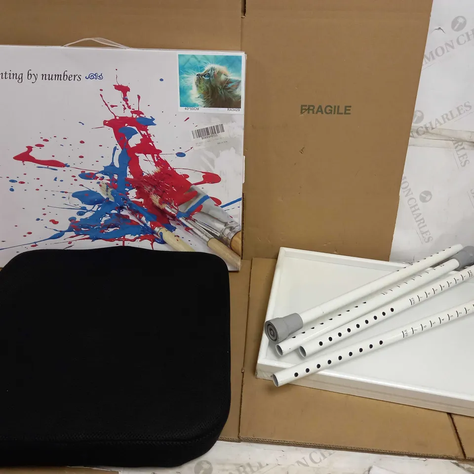 BOX OF APPROX 10 ASSORTED ITEMS TO INCLUDE PAINT BY NUMBERS, BED TRAY, SUPPORT CUSHION IN BLACK