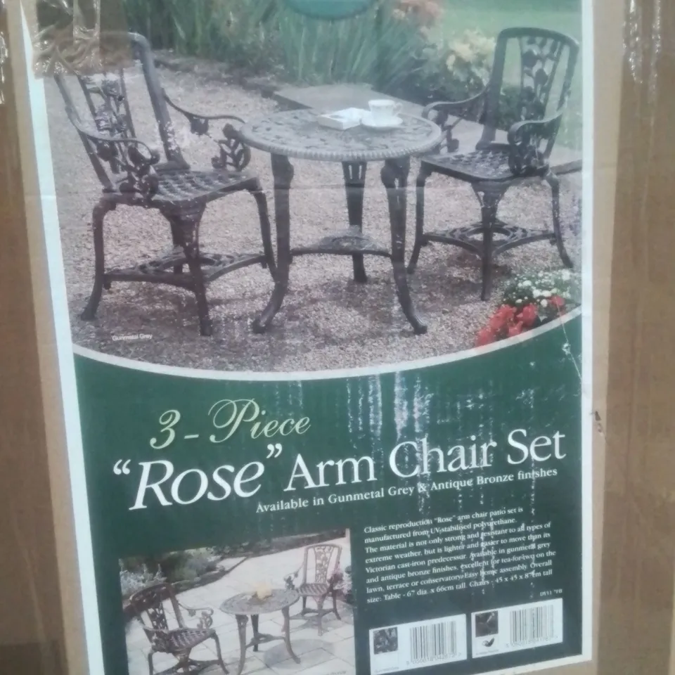 BOXED 3-PIECE GARDEN ROSE ARM CHAIR SET