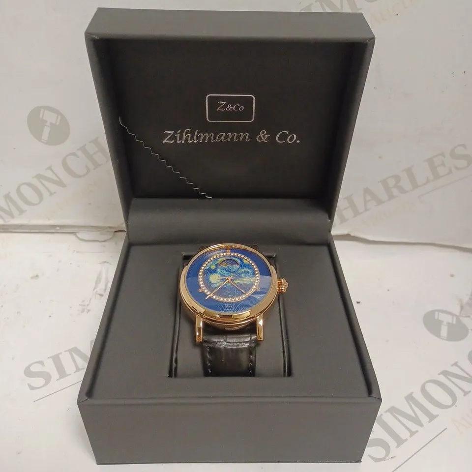 MENS ZIHLMANN & CO AUTOMATIC WATCH – Z150 – MOONPHASE DIAL – GLASS EXHIBITION BACKCASE - SILVER COLOUR CASE – BLACK LEATHER STRAP