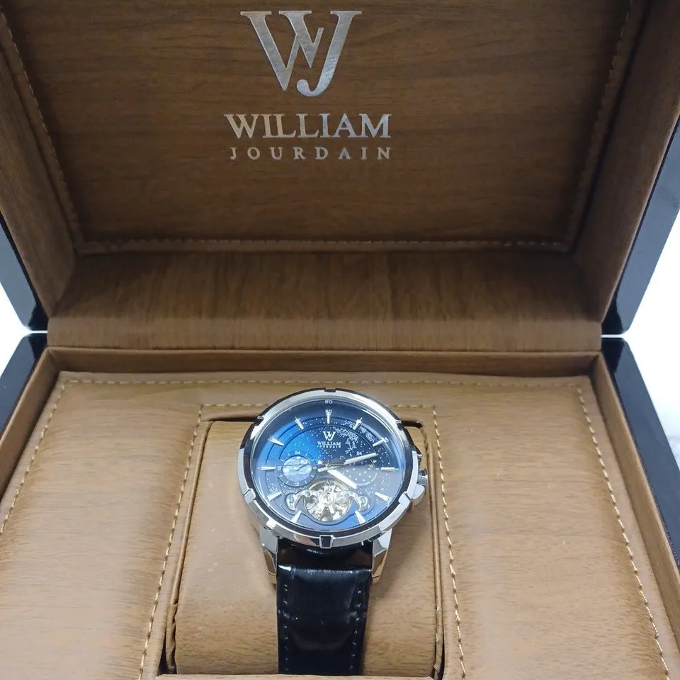 MENS WILLIAM JOURDAIN AUTOMATIC 2580 WATCH – OPEN HEART MOVEMENT WITH SUB DIALS –  BLACK GENUINE LEATHER STRAP