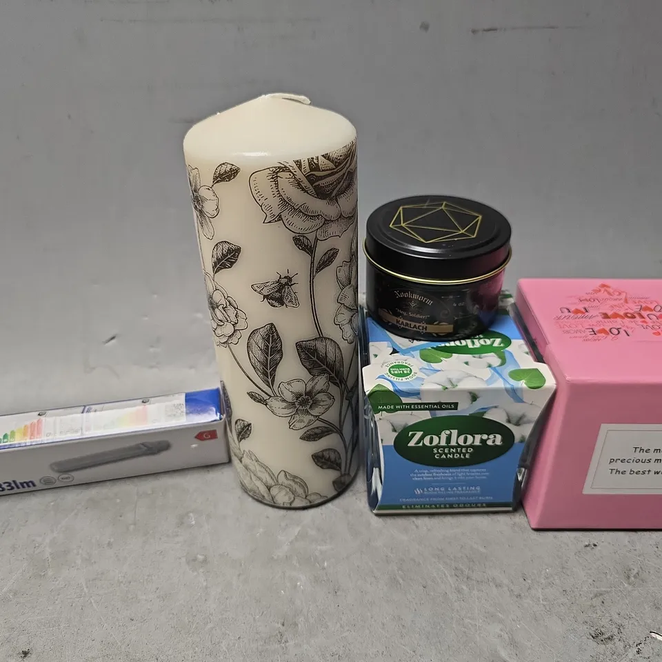 APPROXIMATELY 8 ASSORTED ITEMS TO INCLUDE -ZOFLORA CANDLE , FUSION 2 PIN SINGLE COMPACT FLUORESCENT LIGHT ETC