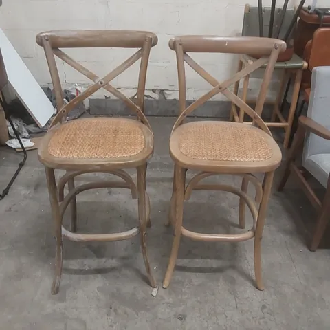 PAIR OF SOLID ELM FRAME WITH RATTAN SEAT | CLASSIC FRENCH CROSS BACK DESIGN | 66 CM KITCHEN COUNTER HEIGHT BAR CHAIRS