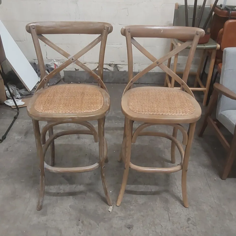 PAIR OF SOLID ELM FRAME WITH RATTAN SEAT | CLASSIC FRENCH CROSS BACK DESIGN | 66 CM KITCHEN COUNTER HEIGHT BAR CHAIRS