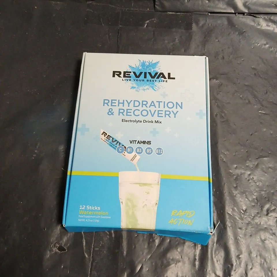 REVIVAL REHYDRATION & RECOVERY ELECTROLYTE DRINK MIX STICKS – WATERMELON (12 STICKS) BOXED