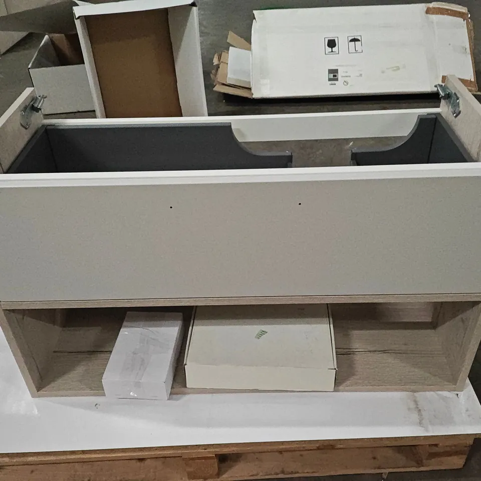 FREESTANDING BATHROOM 1-DRAWER VANITY UNIT WITH BASIN FITTINGS AND TORINO MIRRORED WALL UNIT IN MATT GREY