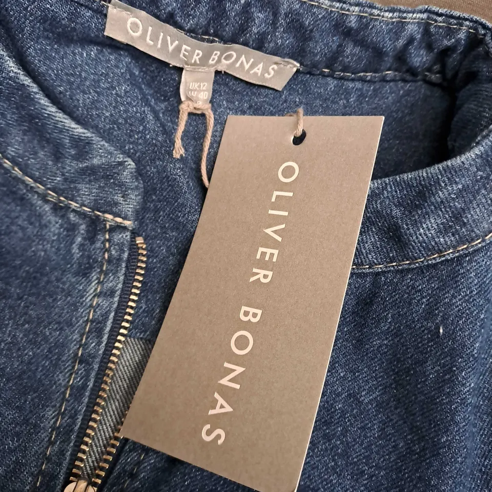 OLIVER BONAS COLLARLESS DENIM MINI DRESS IN BLUE - SIZE 12