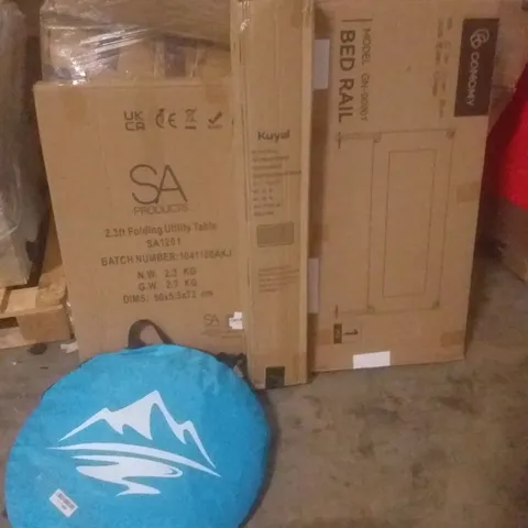 PALLET OF ASSORTED ITEMS INCLUDING BED RAIL, CHAIR MAT FOR CARPET, FOLDING UTILITY TABLE, POP UP TENT