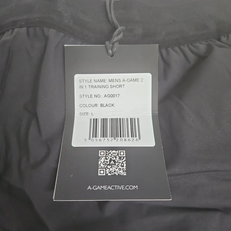 A-GAME MENS 2IN1 TRAINING SHORTS IN BLACK - L
