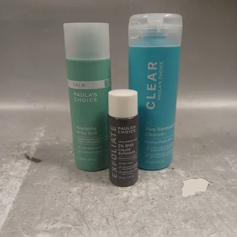 PAULA'S CHOICE LOT OF 3 ASSORTED SKINCARE PRODUCTS TO INCLUDE - PORE NORMALIZING CLEANSER - 2% BHA LIQUID EXFOLIANT - NOURISHING MILKY TONER