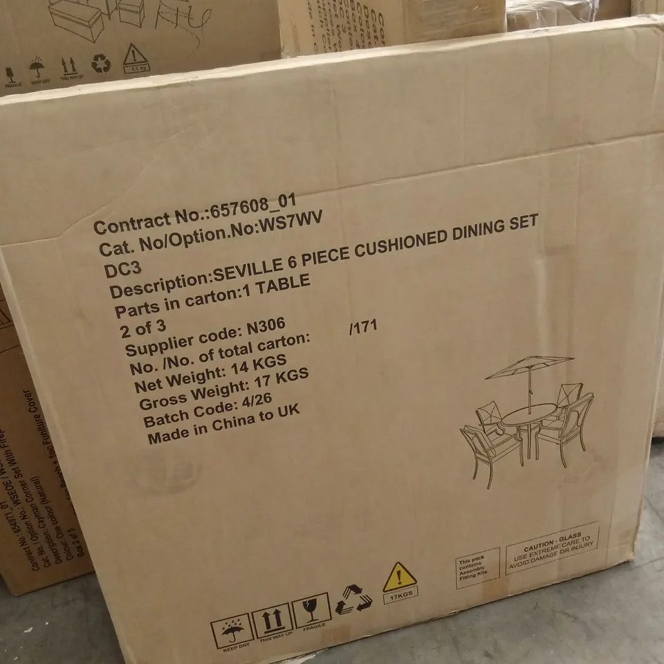 BOXED SEVILLE OUTDOOR DINING TABLE AND PARASOL // CHAIRS NOT INCLUDED (2 BOXES)