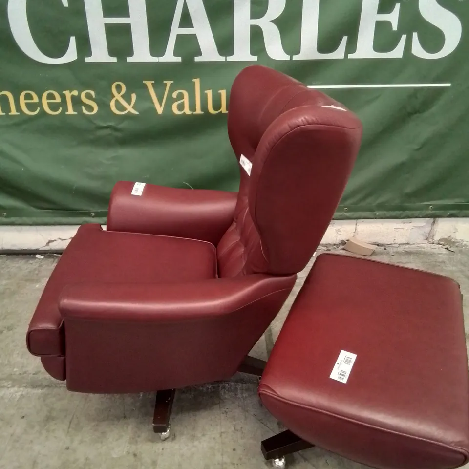 QUALITY BRITISH DESIGNER & MANUFACTURED G PLAN VINTAGE 62 SWIVEL CHAIR & FOOTSTOOL CAPRI CLARET LEATHER 