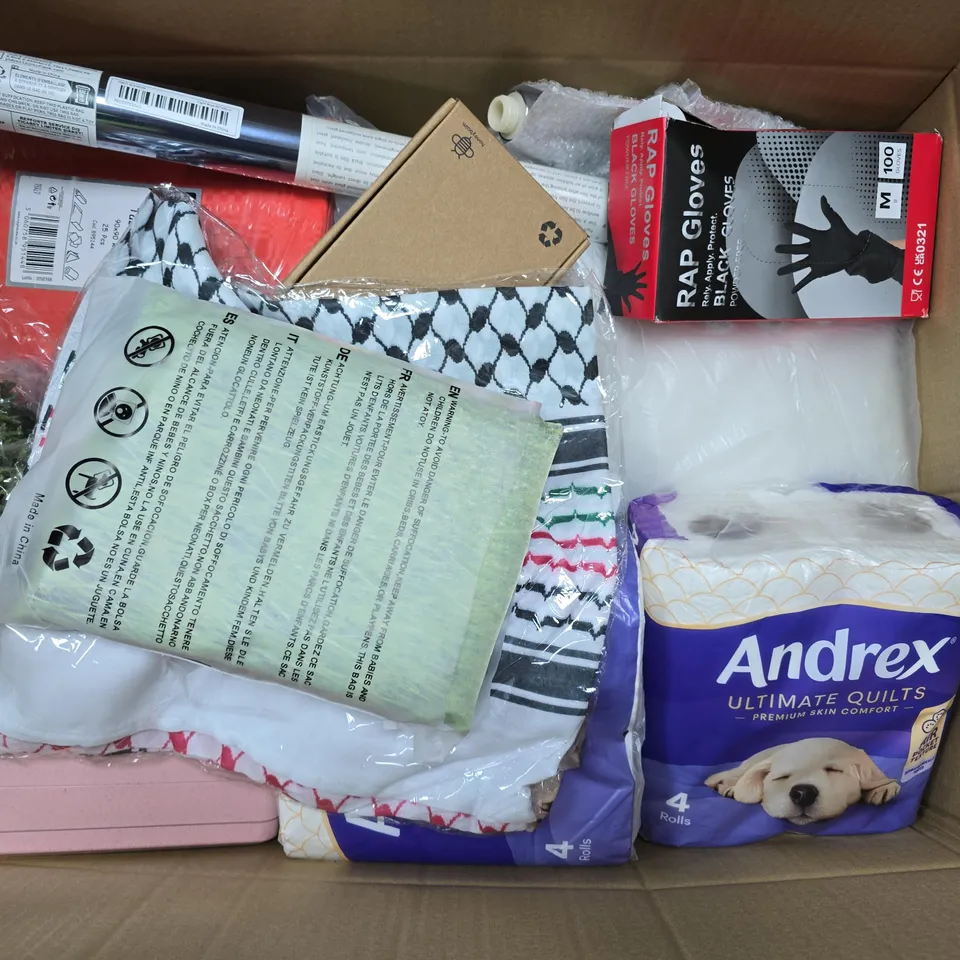APPROXIMATELY 20 ASSORTED HOUSEHOLD PRODUCTS TO INCLUDE ANDREX TISSUE PAPER, RAP GLOVES, TABLECLOTHS, ETC - COLLECTION ONLY