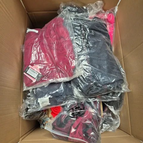 LARGE BOX OF ASSORTED CLOTHING ITEMS IN VARIOUS SIZES, STYLES AND COLOUR 