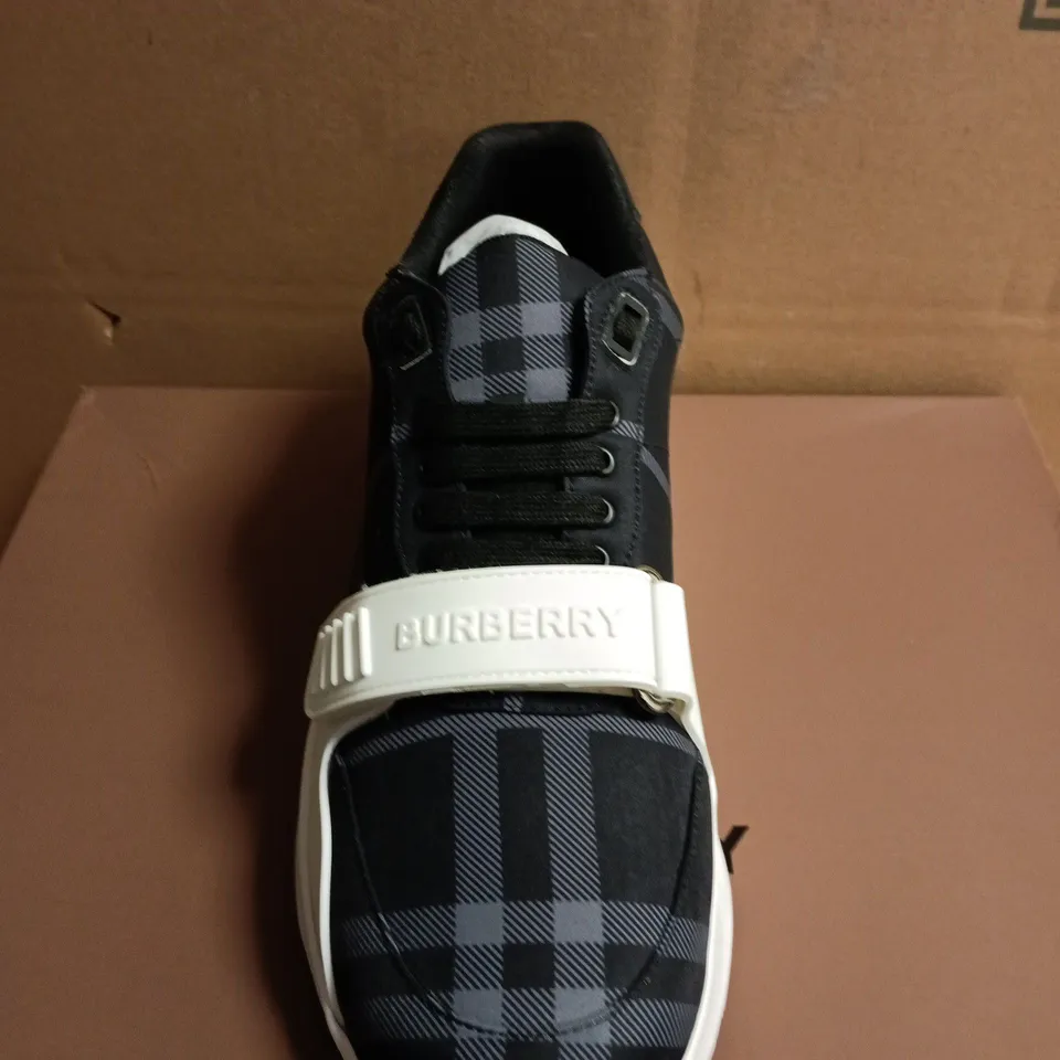 BOXED PAIR OF BURBERRY CHECK PATTERN SNEAKERS – UK SIZE 10