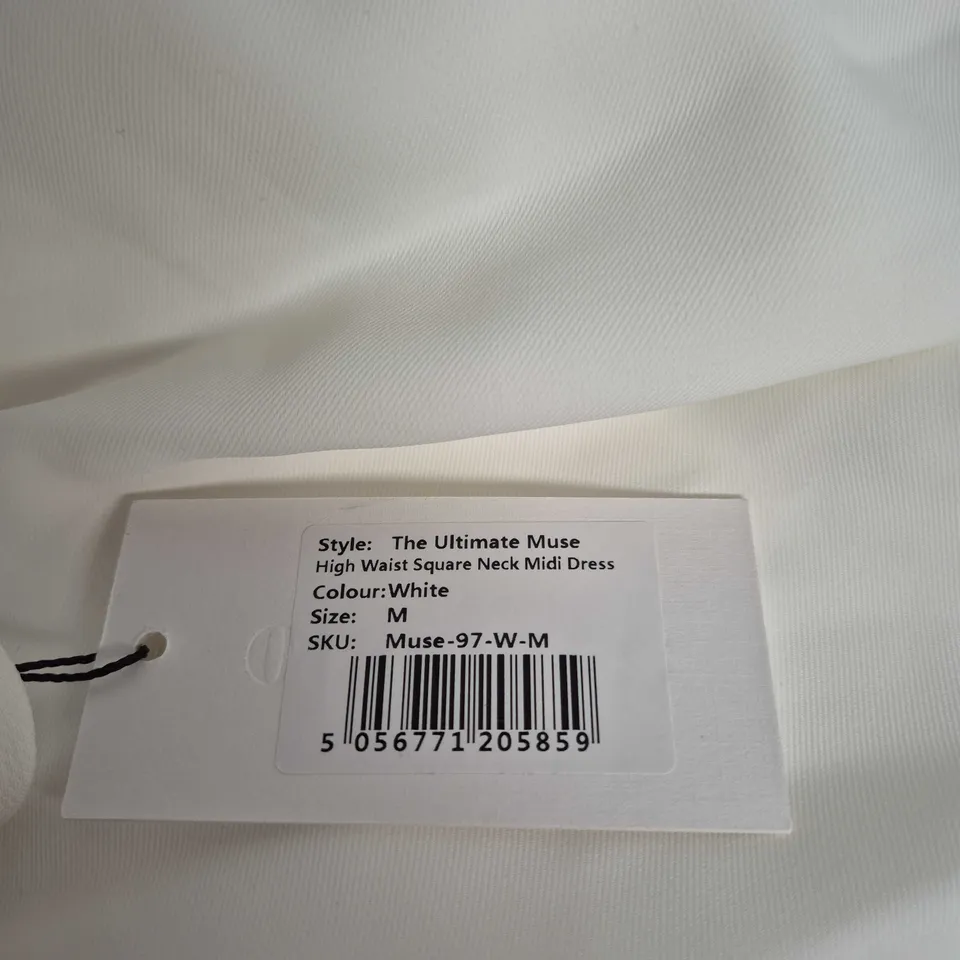 ODDMUSE LONDON THE ULTIMATE MUSE WHITE MIDI DRESS – HIGH-WAIST SQUARE-NECK, SIZE M