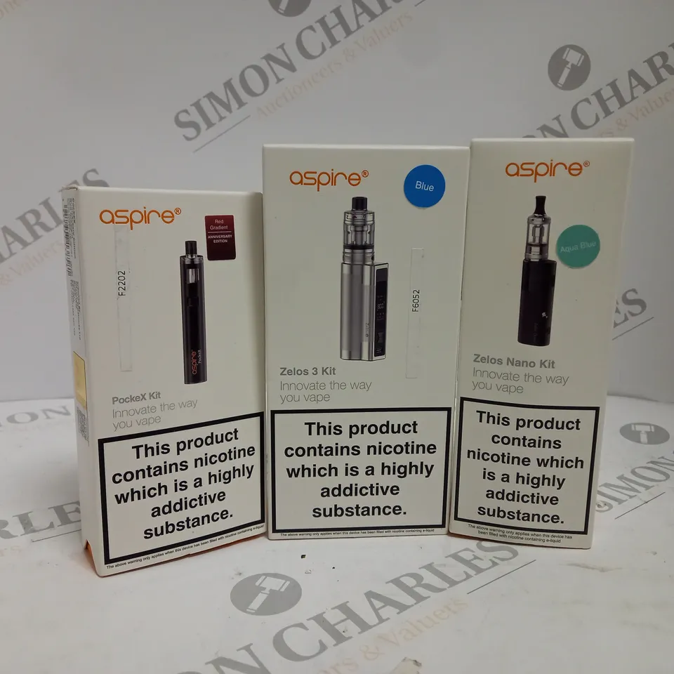 APPROXIMATELY 20 ASSORTED BOXED ASPIRE VAPING PRODUCTS TO INCLUDE ZELOS 3 KIT, ZELOS NANO KIT, POCKEX KIT ETC.
