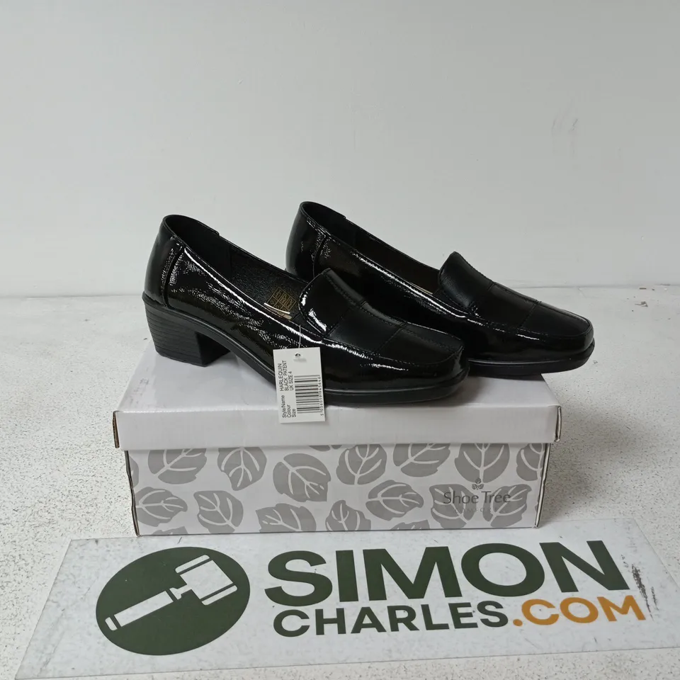 SHOE TREE COMFORT HARLEQUIN BLACK PATENT SHOES SIZE 4 BOXED