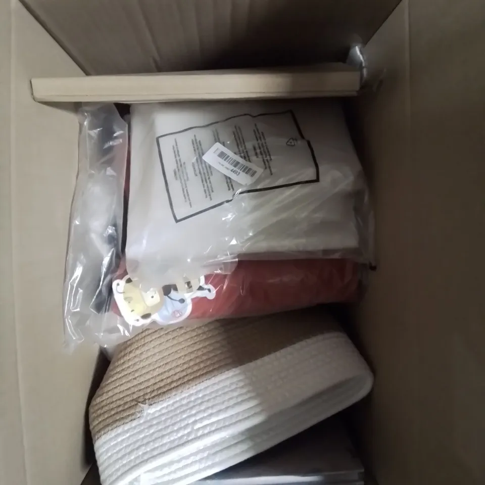 BOX TO CONTAIN ASSORTED HOUSEHOLD GOODS AND PRODUCTS TO INCLUDE; MEASURABLE JUG, DOUBLE COTTON BED SHEET, POP CONTAINER ETC