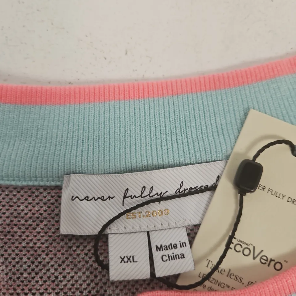 NEVER FULLY DRESSED CARDIGAN – LIGHT BLUE WITH SUN PRINT, PINK TRIM, UK XXL