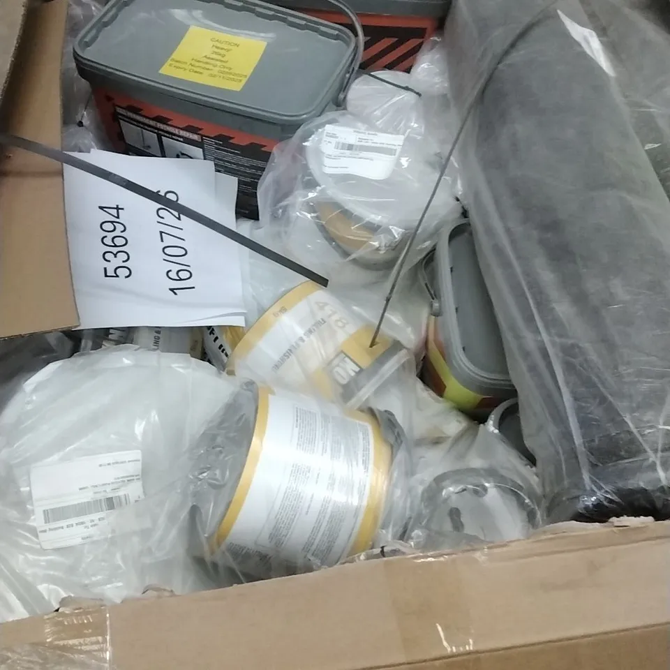 PALLET OF ASSORTED DIY, HOME IMPROVEMENT AND BUILDING PRODUCTS TO INCLUDE; DAMP PROOF MEMBRANE, QUICK DRYING FILLER, PERMANENT POTHOLE REPAIR ETC