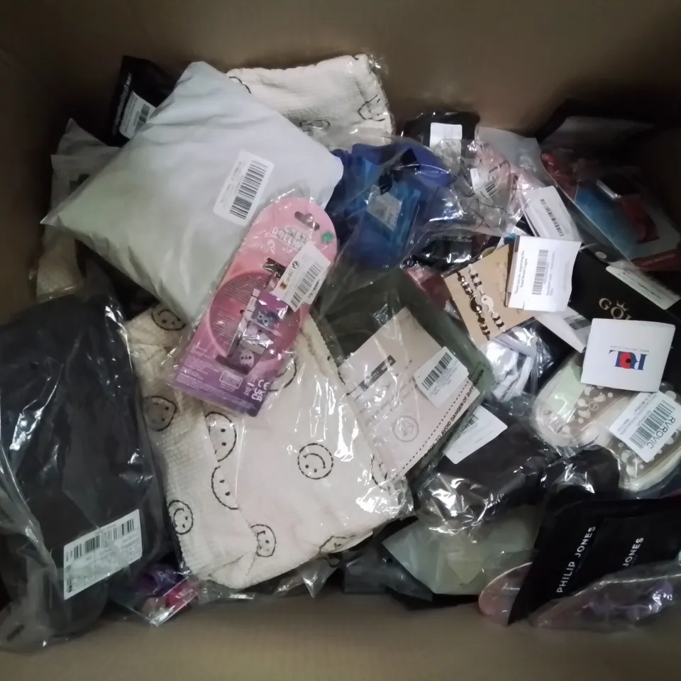 BOX CONTAINING LARGE AMOUNT OF MIXED FASHION ITEMS, SILVER PLATE AND COSTUME JEWELLERY, CLOTHING ITEMS ETC.