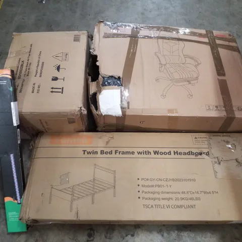 PALLET CONTAINING ASSORTED PRODUCTS INCLUDING OFFICE CHAIR, TWIN BED FRAME WITH WOOD HEADBOARD, LED AQUARIUM LIGHT & TWIN STACK AIR FRYER