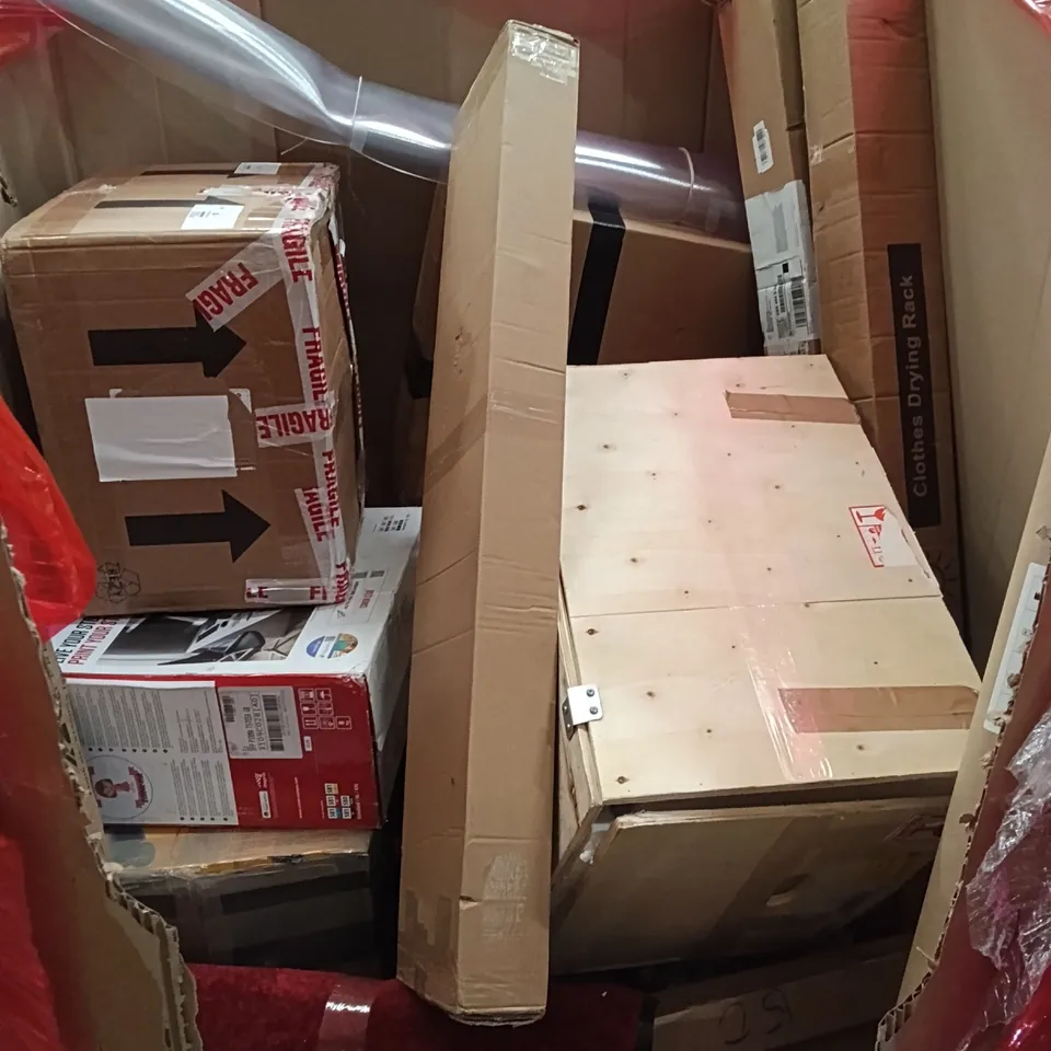 PALLET OF ASSORTED HOUSEHOLD GOODS AND PRODUCTS TO INCLUDE; BALANCE BIKE, BEACH TENT, PRINTER, ESPRESSO MACHINE, BOXED FURNITURE ETC