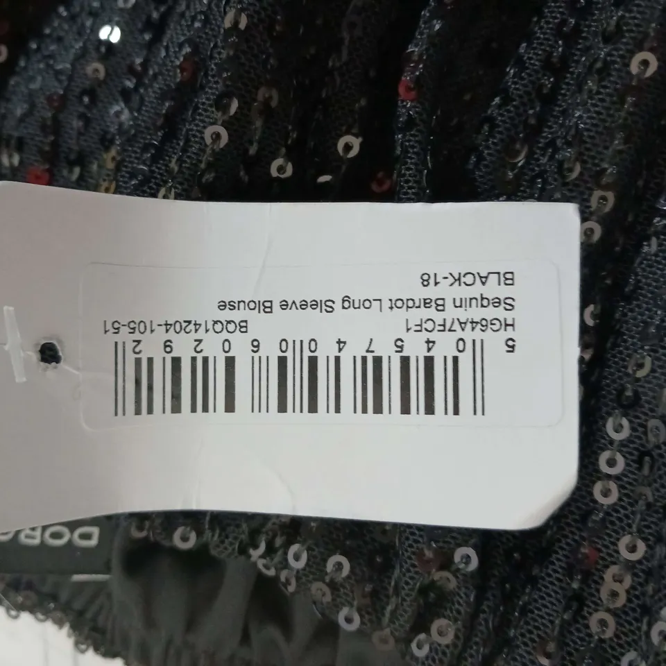 DOROTHY PERKINS SEQUIN BARDOT LONG SLEEVE BLOUSE BLACK SIZE 18