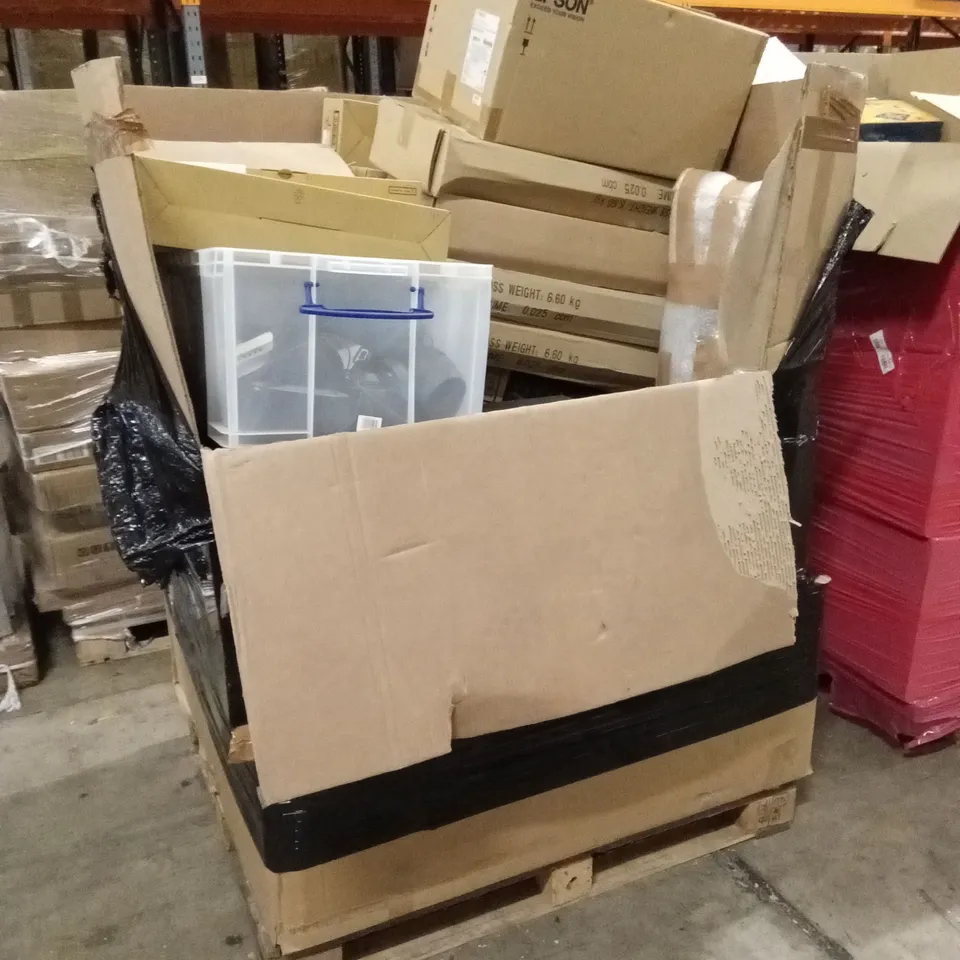 PALLET TO CONTAIN A LARGE ASSORTMENT OF TECH PRODUCTS AND OFFICE ITEMS TO INCLUDE; SPEAKERS, AUDIO EQUIPMENT, VIDEO DOORBELL, INK CARTRIDGES ETC