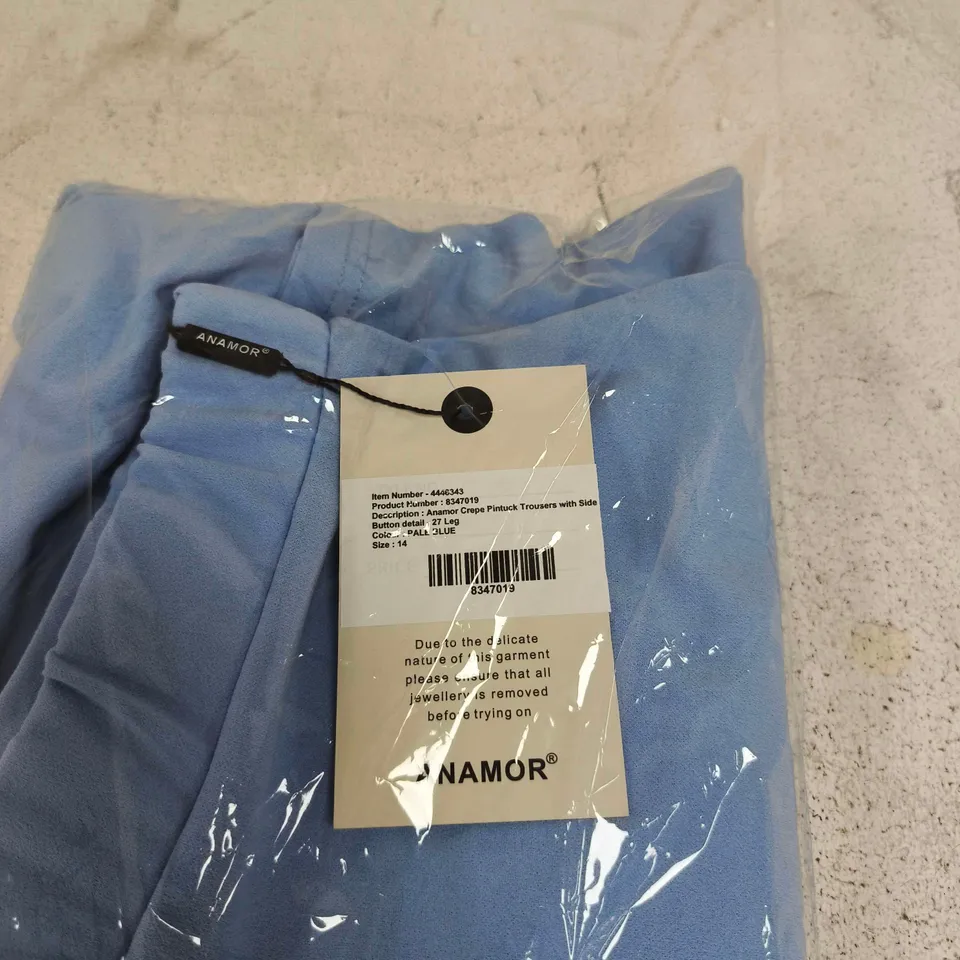 ANAMOR CREPE PINTUCK TROUSERS WITH SIDE DETAIL – PALE BLUE, UK 14